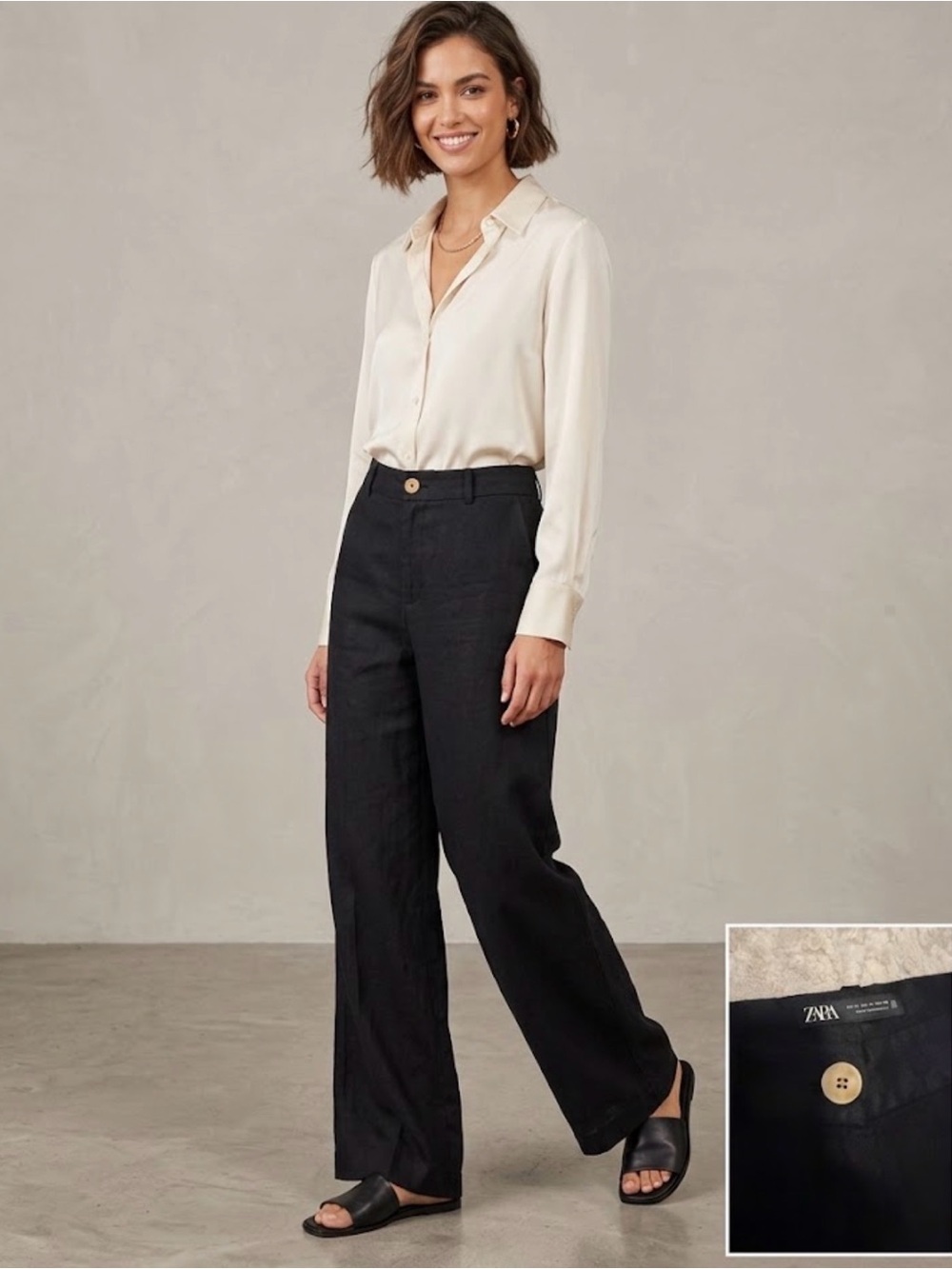 Zara Black Wide-Leg Linen-Blend Pants